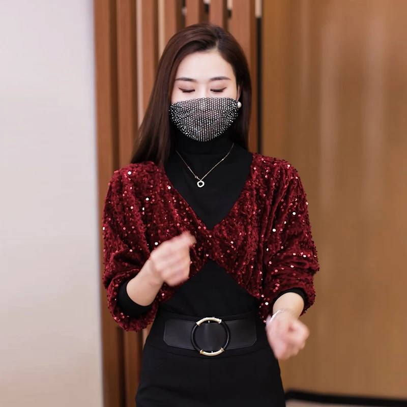 亮片加绒冬季长袖洋气上衣女气质显瘦蝙蝠袖半高领打底衫