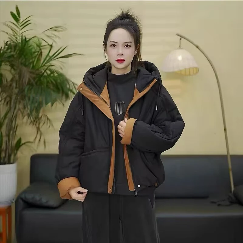 潮流时尚拼色棉衣百搭休闲宽松连帽加厚保暖棉服女外套8小个子