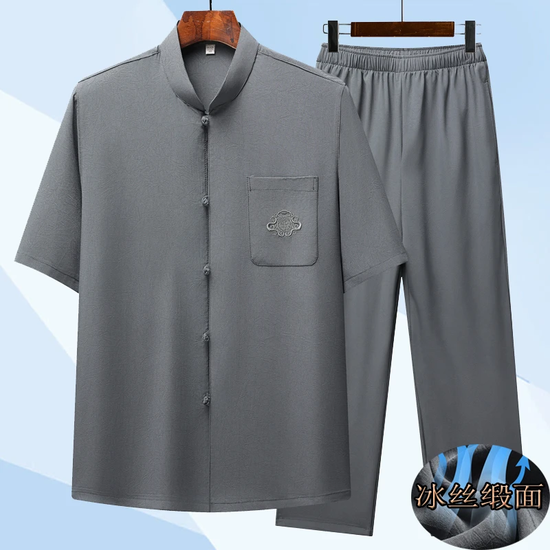 新中式国风唐装中老年爸爸装夏季冰丝绸缎薄款休闲大码复古爷爷装