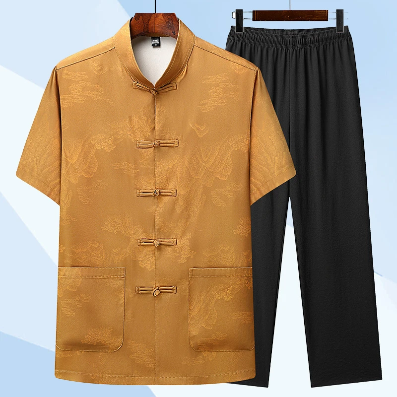 夏季新款新中式国风唐装中老年男民族服装半袖休闲大码复古爷爷装