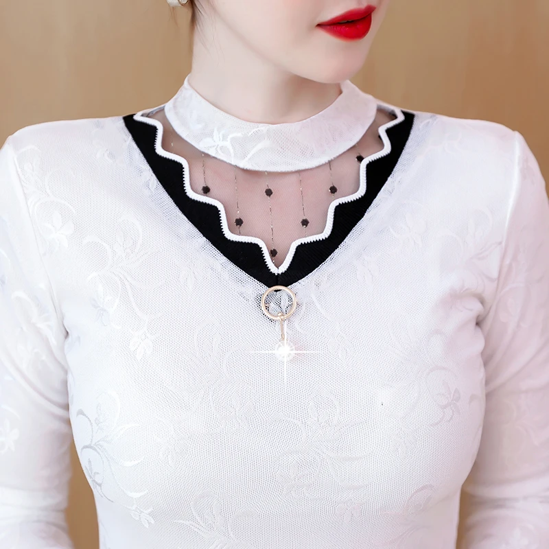 保暖网纱内搭外穿打底小衫女秋冬新款半高领长袖加绒蕾丝白色上衣