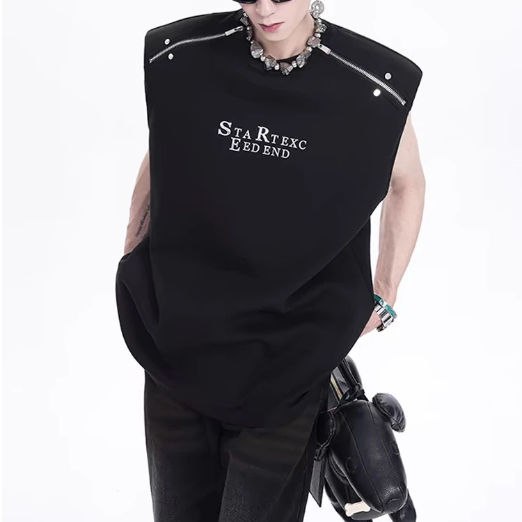 垫肩拉链设计胸口烫图男士背心