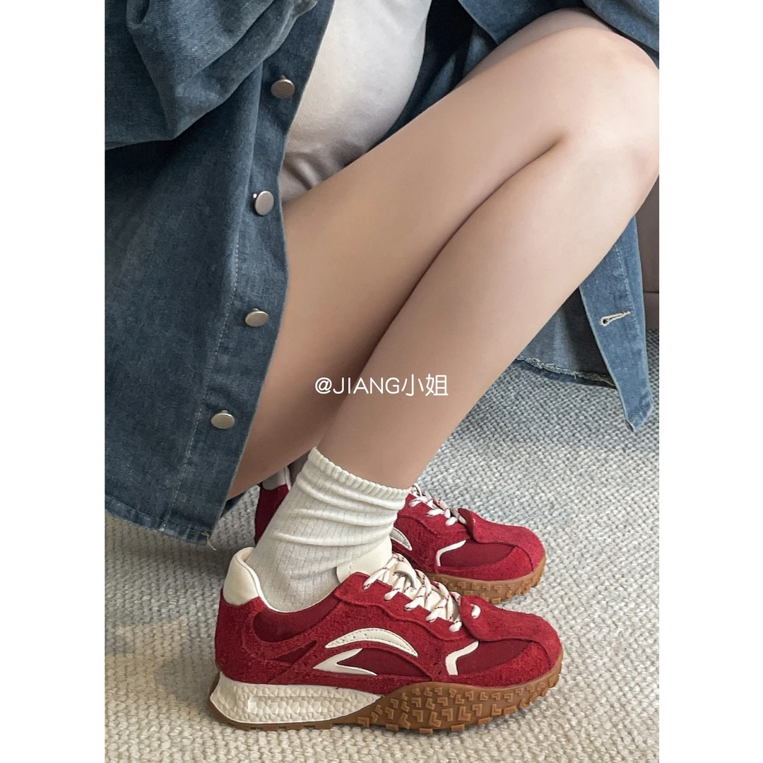牛皮版~7cm小个子内增高红色德训鞋女秋冬厚底运动板鞋爆款阿甘鞋