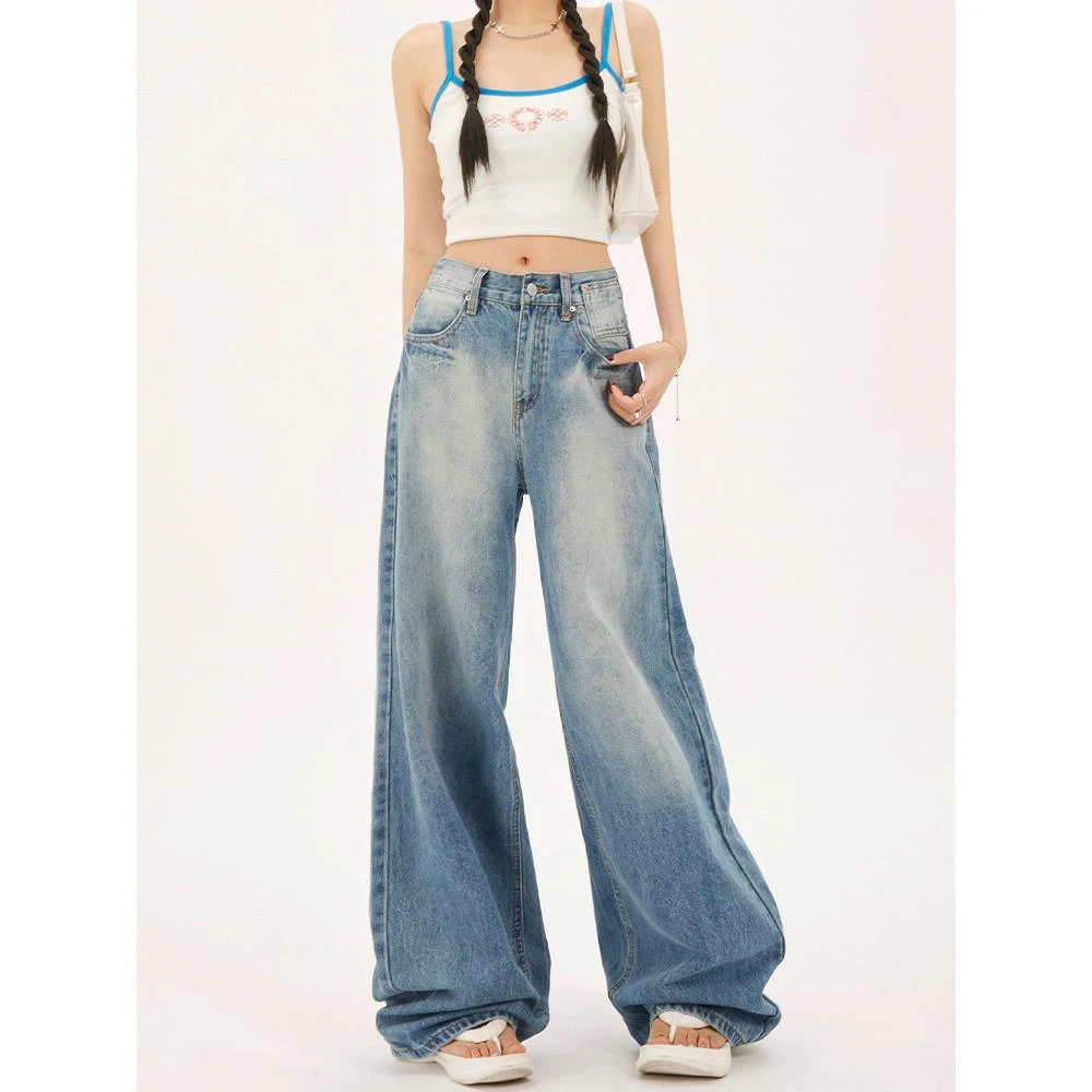 POYZ春上新美式复古水洗宽松阔腿裤女2024新款百搭垂感直筒牛仔裤