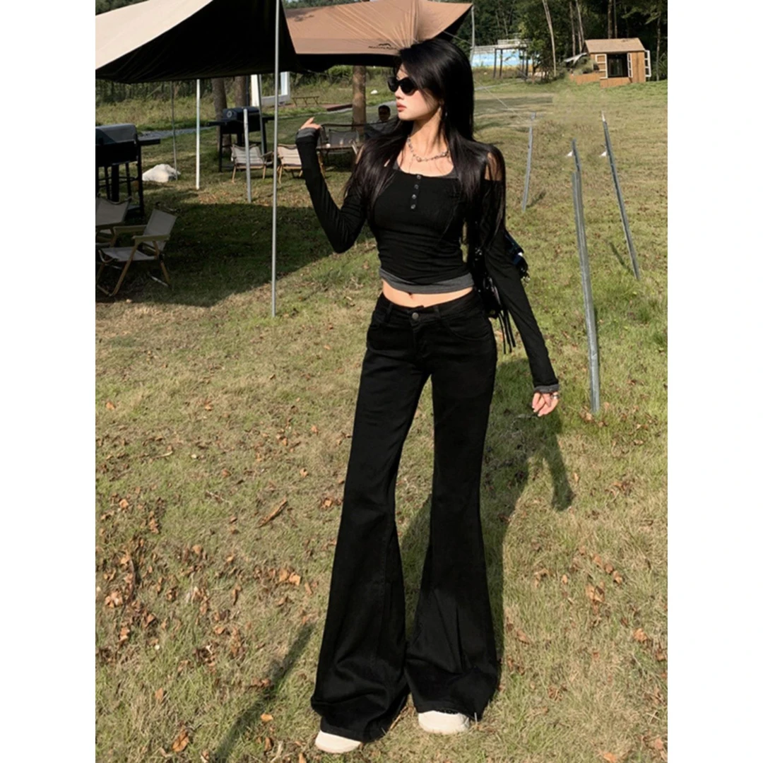 POYZ2色美式辣妹低腰喇叭裤修身显瘦百搭牛仔裤女