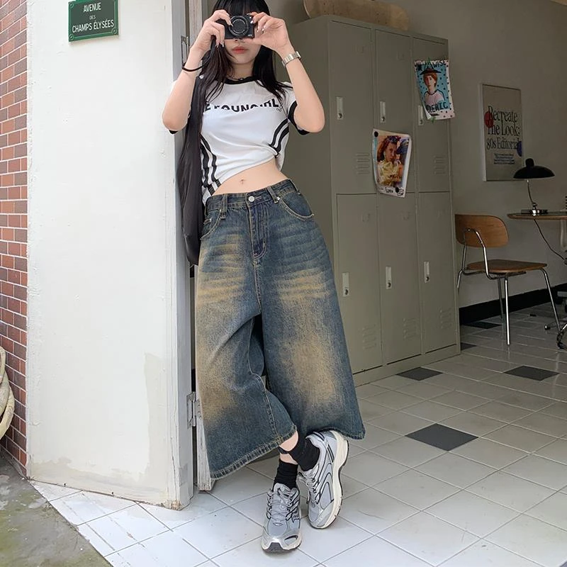 POYZ复古阔腿裤女新款七分率性舒服高腰百搭宽松垂感出街牛仔裤子