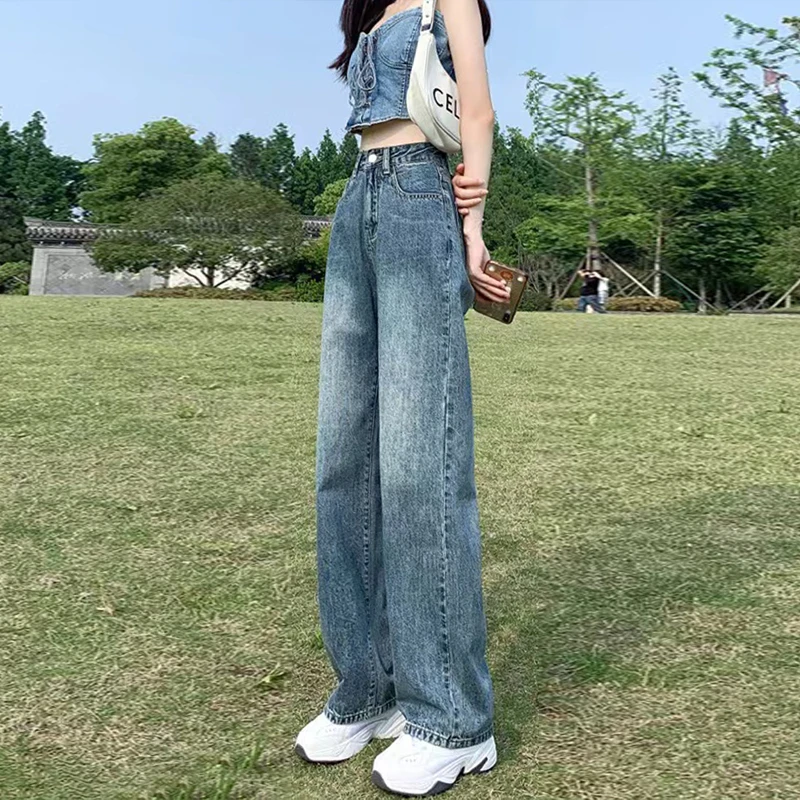 休闲牛仔裤女宽松显瘦直筒2025秋季阔腿小个子垂感高腰窄版拖地裤