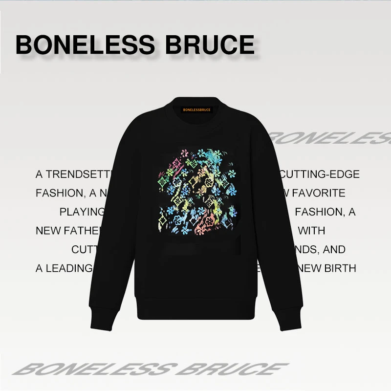 BONELESSBRUCE潮流复古印花压花迷彩圆领卫衣6606