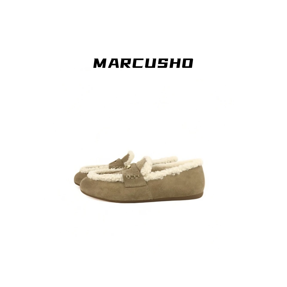 MARCUSHO小众冬季皮毛一体保暖舒适平底乐福毛鞋X1078