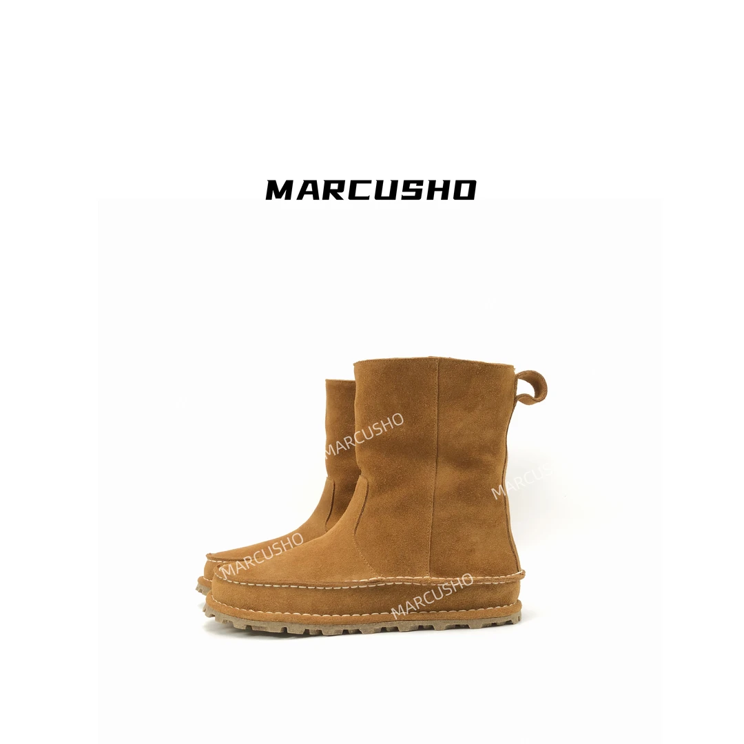 MARCUSHO（BK）冬季皮毛一体（跟高3cm）保暖舒适平底中筒雪地靴X1029