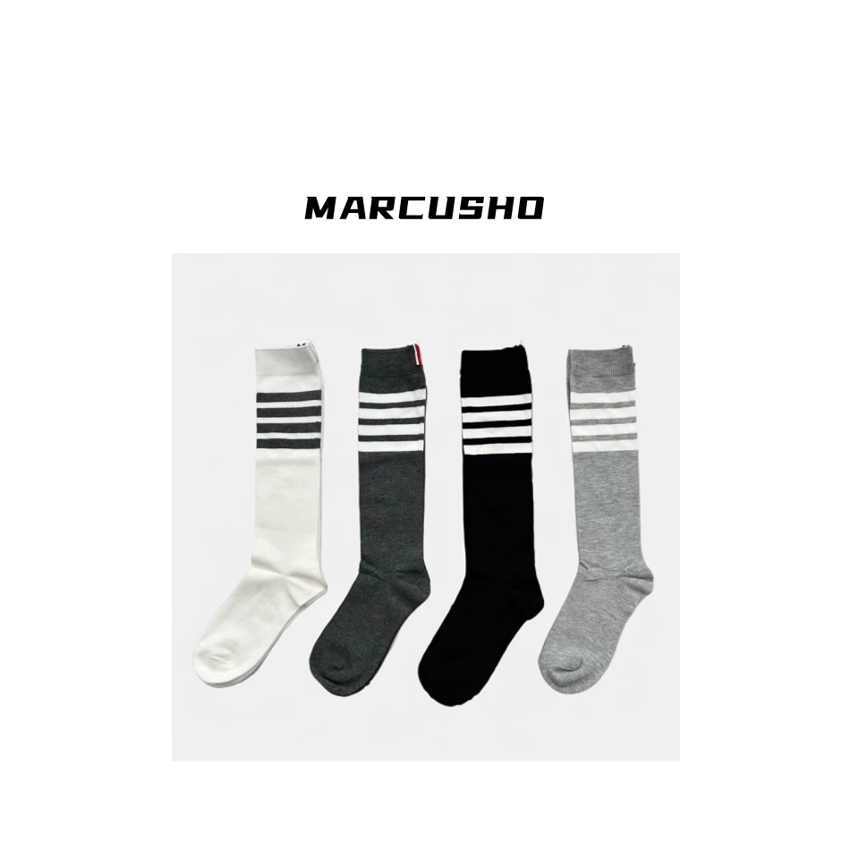 MARCUSHO（4双组合装）三杆轻奢极简刺绣柔软亲肤长款女士袜子B1004