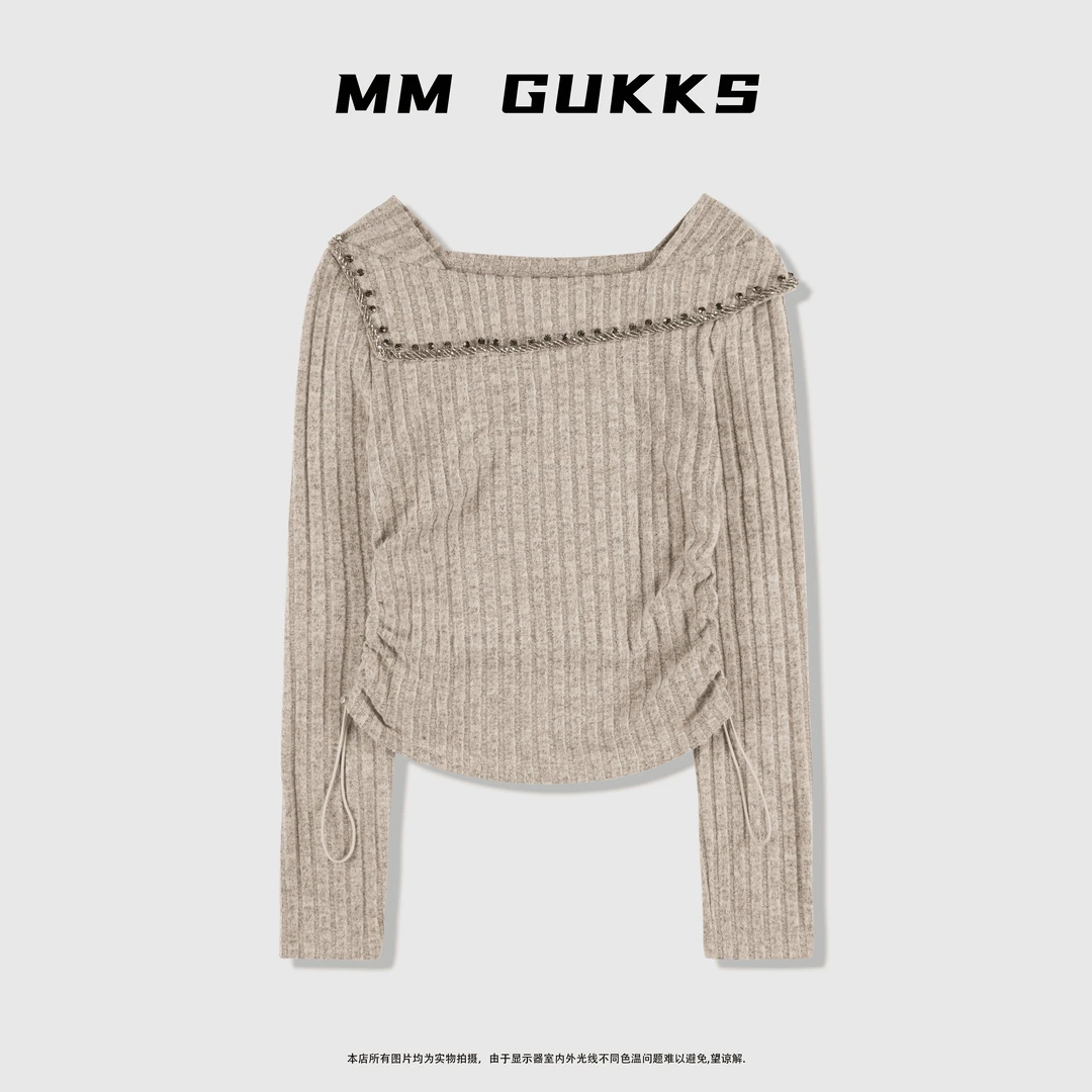 新款设计师重工翻领杏色t恤女洋气甜辣显瘦上衣女（翻领杏色T恤）