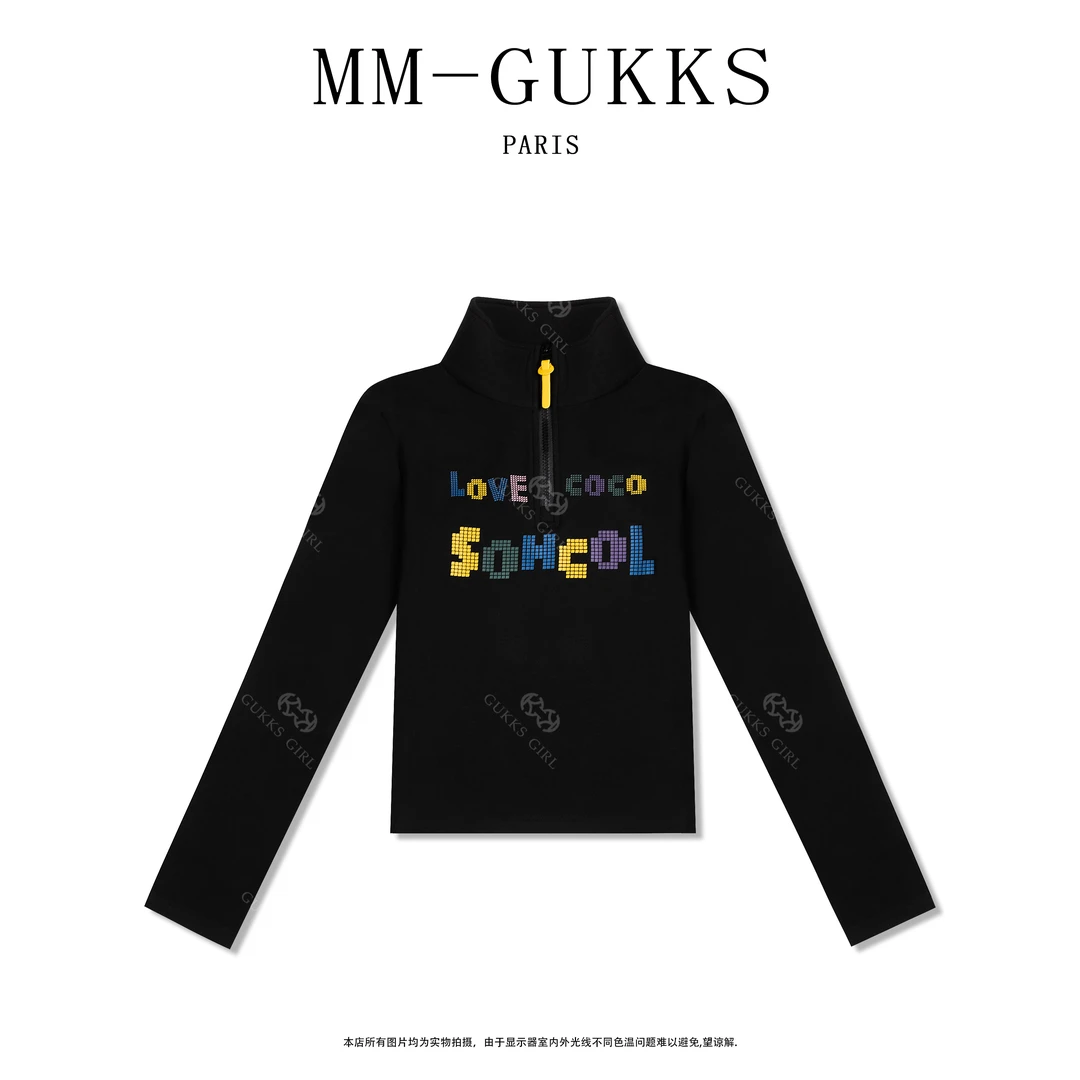 明明GUKKS『数码字母』女半高领百搭打底衫趣味字母上衣T恤T1506