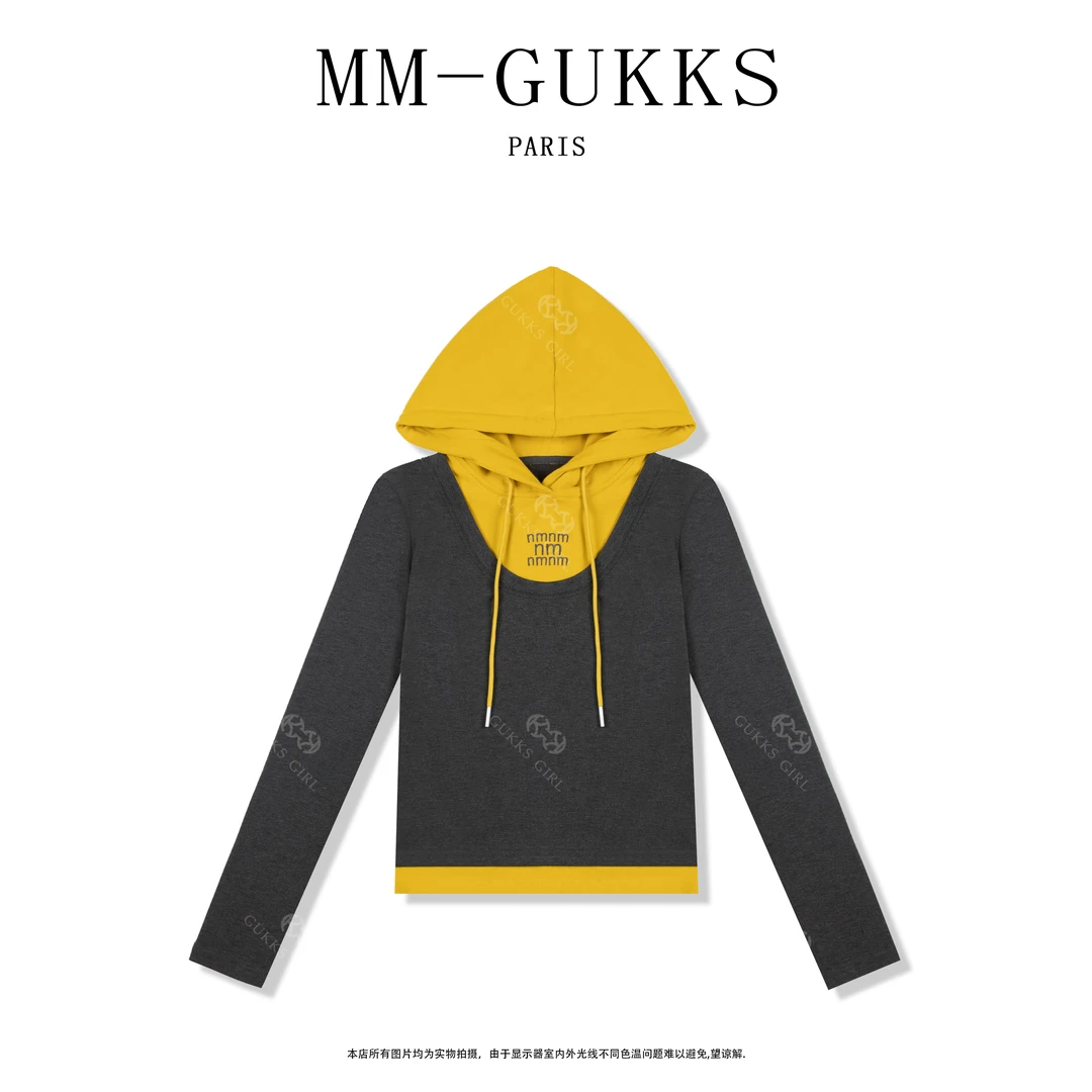 明明GUKKS『静冬』秋冬高级感拼色假两件连帽高定卫衣打底衫
