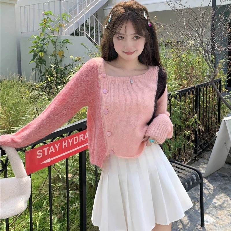 拼接撞色方领软糯风毛衣女2023春季法式甜美减龄毛茸茸针织厚上衣
