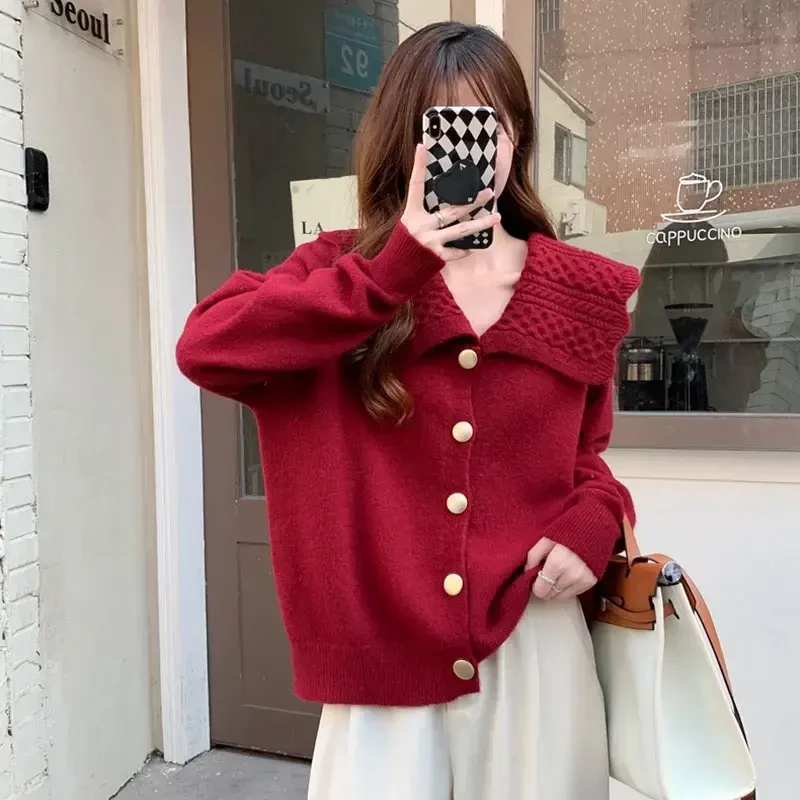 慵懒风毛衣女秋秋冬设计感小众宽松百搭洋气娃娃领开衫针织衫外套