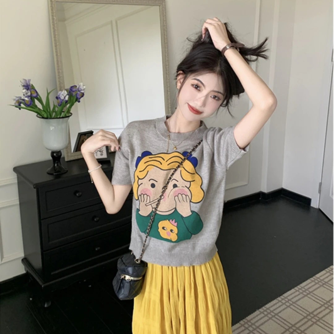 春夏新款减龄套头百搭毛衣女装可爱卡通短袖针织衫显瘦短款时尚