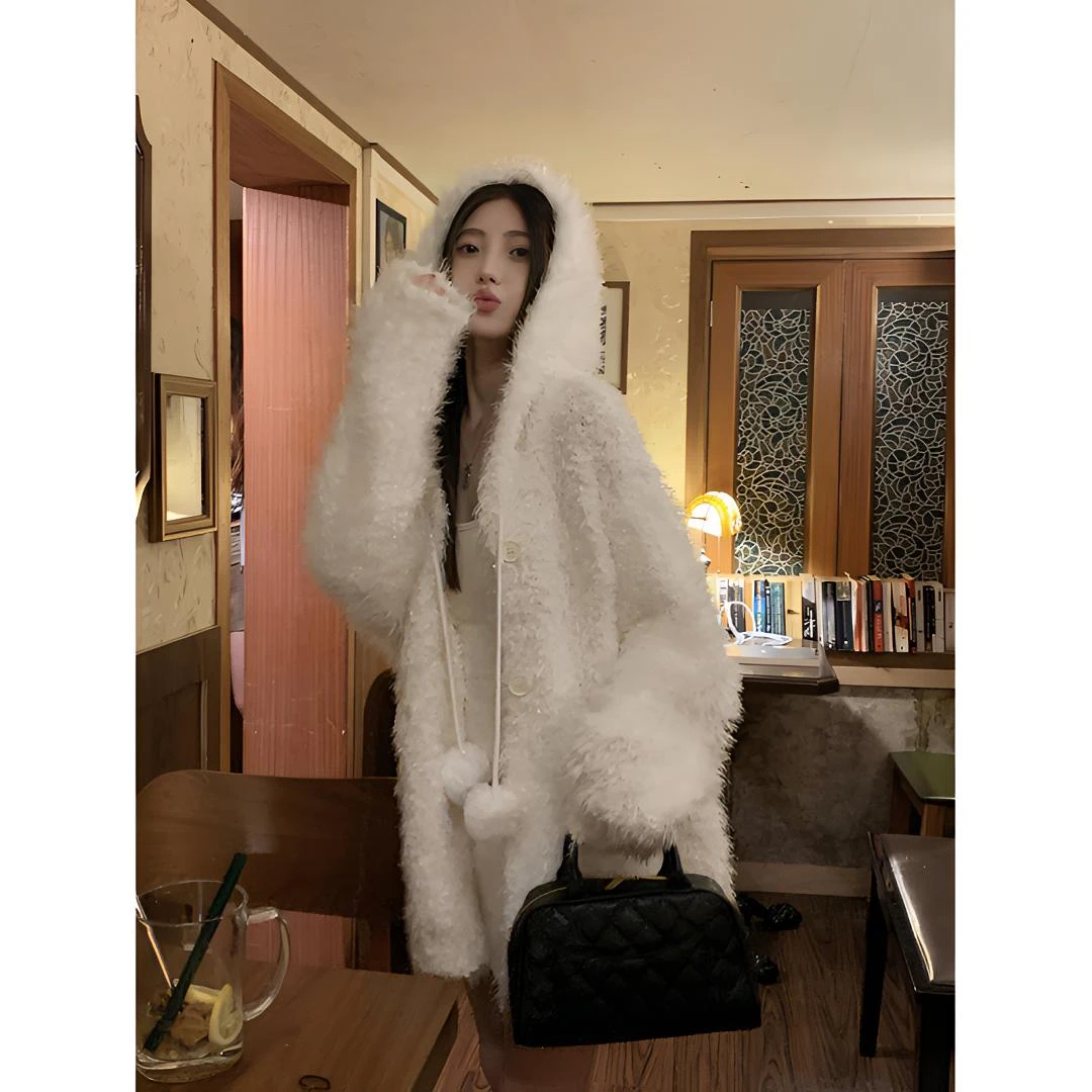 白色慵懒风特种纱连帽毛衣女秋冬中长款宽松大版加厚针织毛衣上衣