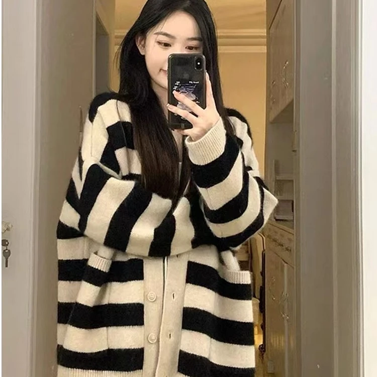 新款秋装韩系宽松慵懒风毛衣女春秋季条纹针织开衫外套上衣8819