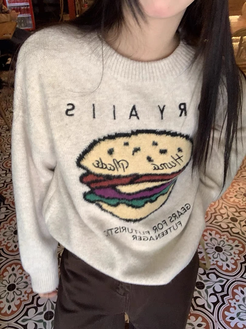 趣味汉堡印花针织衫2024新款百搭气质软糯显瘦可爱慵懒风套头毛衣