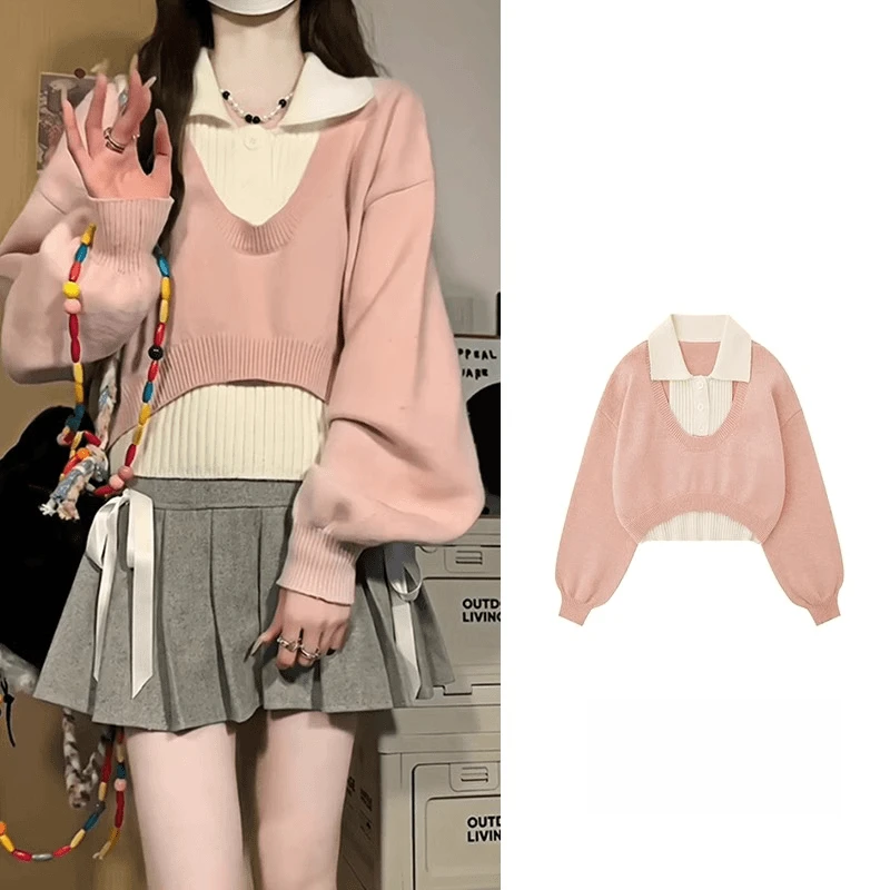 秋冬新款韩系复古慵懒风polo领毛衣女设计感真两件套装针织衫上衣