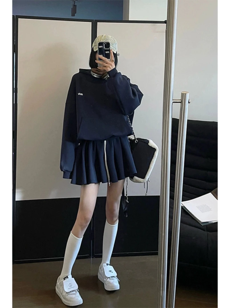 长袖时休闲宽松春款丁达尔穿搭网红百搭连帽卫衣半身裙套装