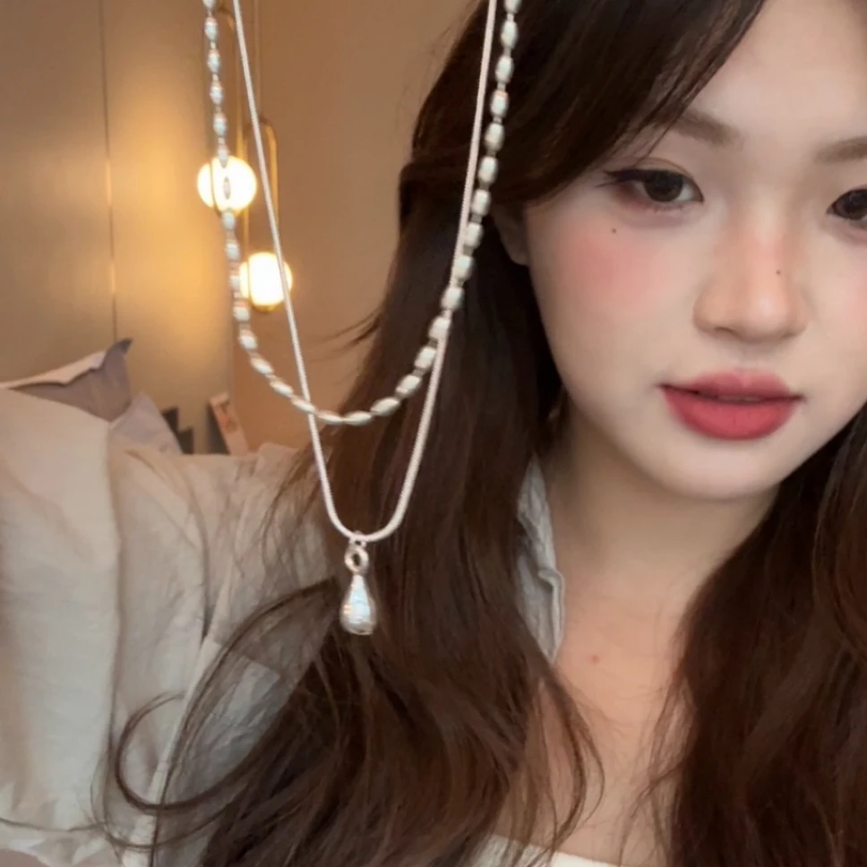 铜合金项链 极简冷淡风水滴吊坠项链女个性百搭气质双层锁骨链