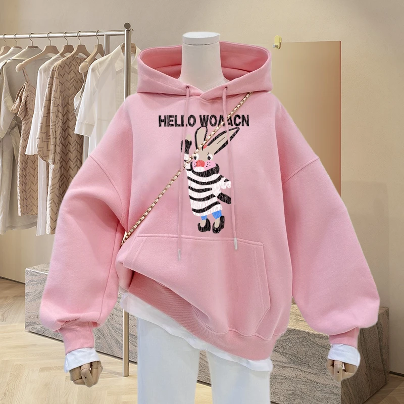 WOAACN连帽卫衣女2023新款宽松薄款中长款秋冬季加绒加厚内搭外套