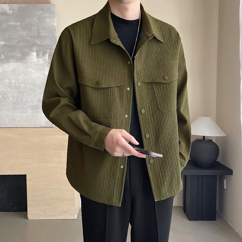 时尚潮流休闲坑条夹克衬衫外套男士秋季百搭翻领纹理外套