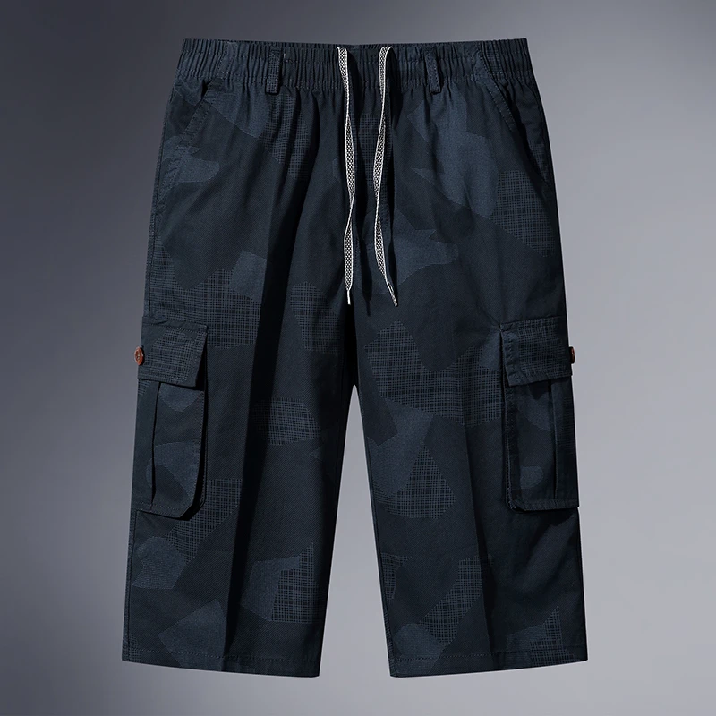 纯棉七分裤男夏季薄款迷彩工装短裤爸爸中裤中老年宽松大码高腰裤