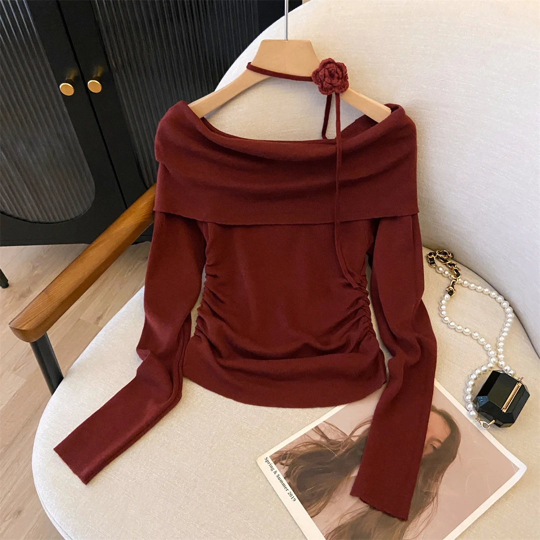 法式一字肩立体花朵挂脖性感针织长袖衫女款秋冬修身显瘦露肩上衣