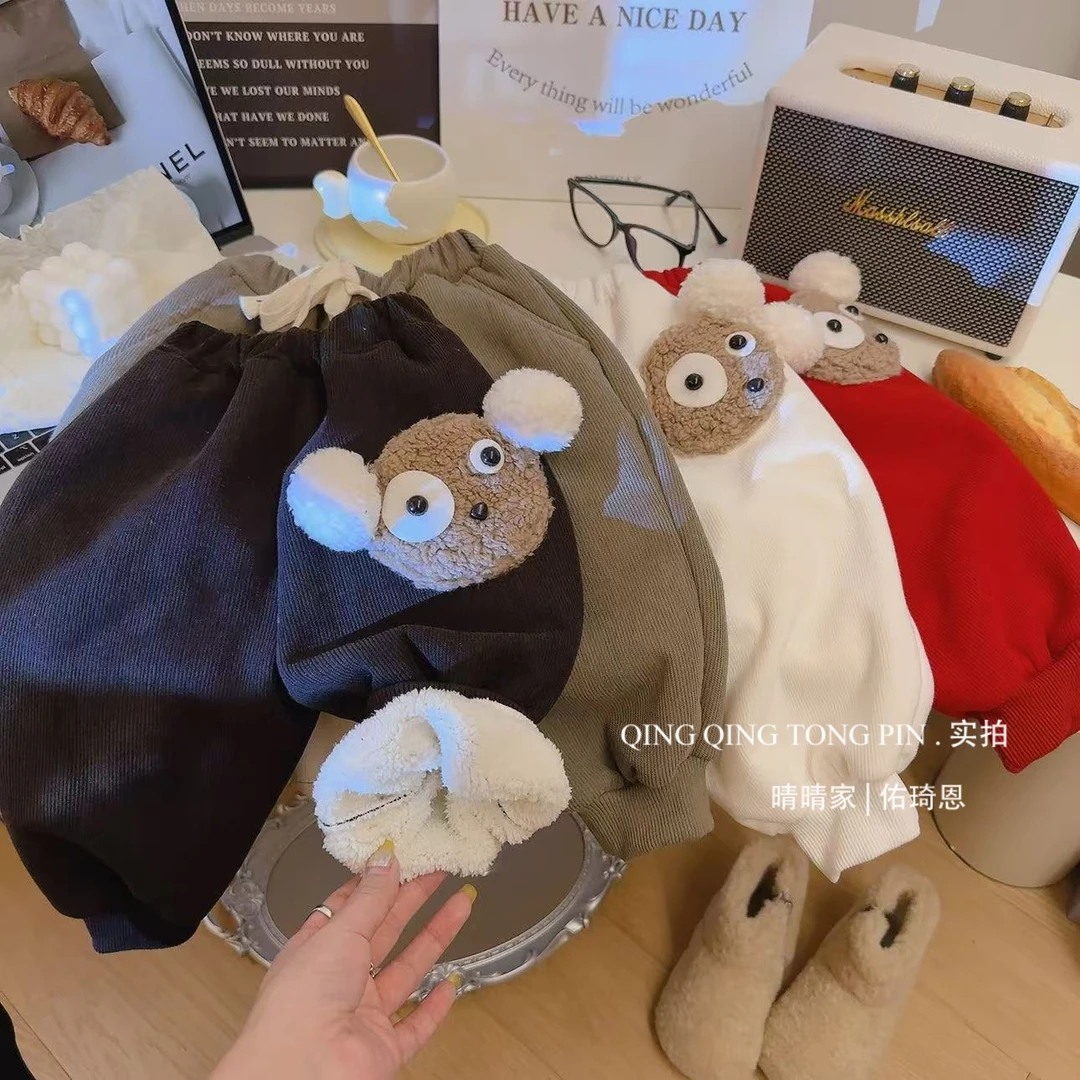 【萌宝】穿搭男女童秋冬新款加绒可爱时尚小熊口袋卫裤超洋气休闲裤