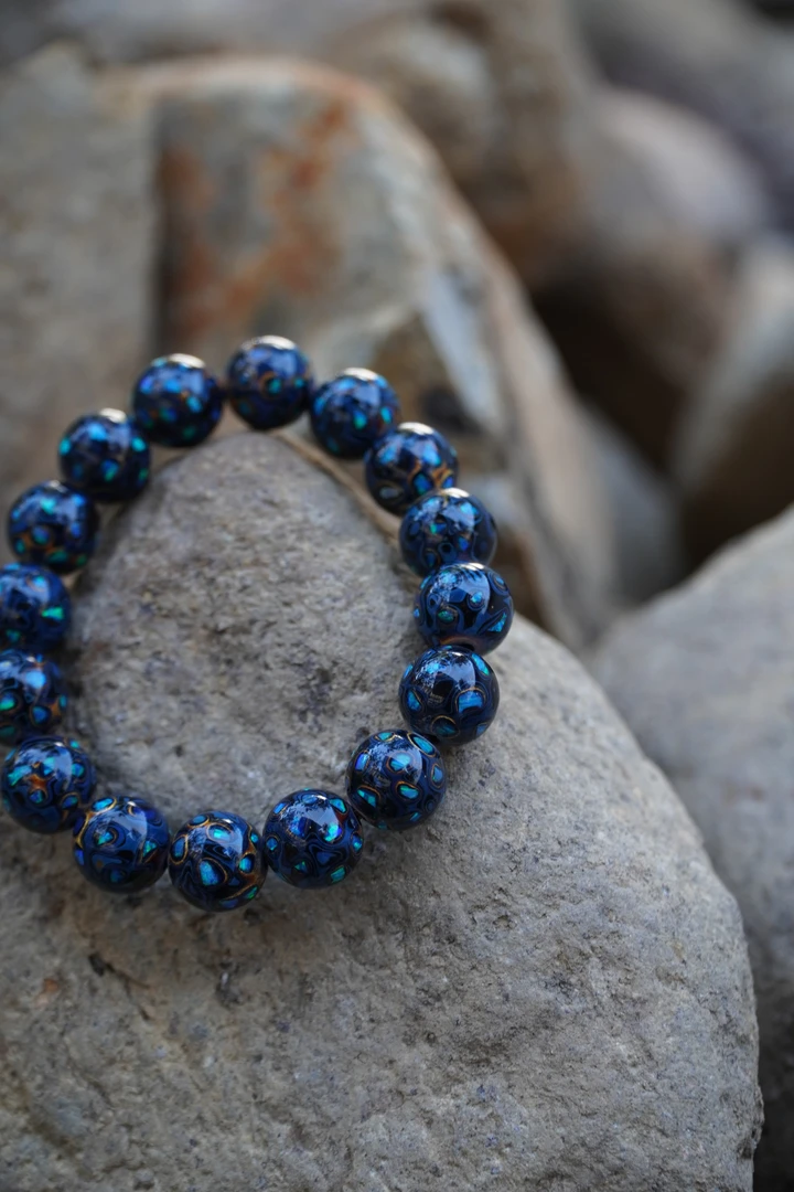 非遗漆器手串大漆珠蓝黑金镶嵌手串13mm十六颗