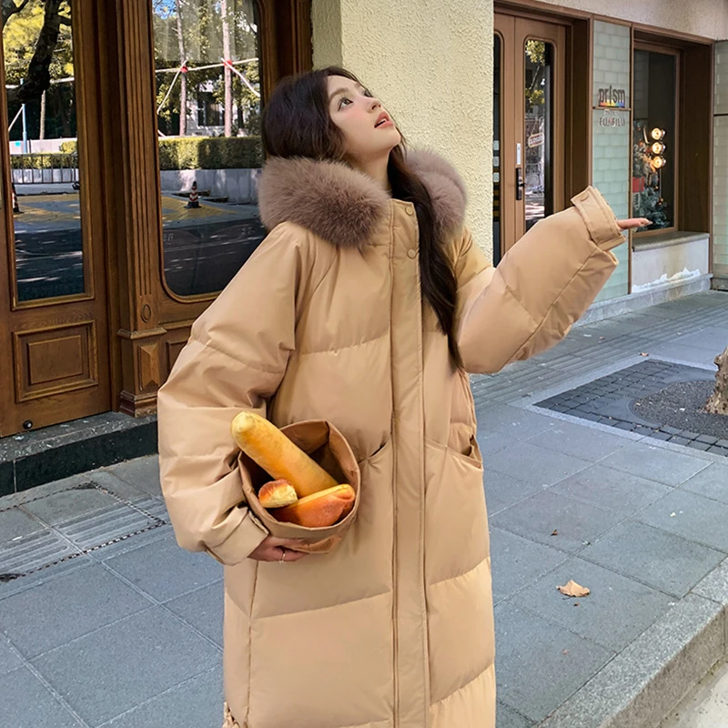 棉服女中长款过膝2025新款冬季加厚韩版宽松大毛领面包服棉衣外套