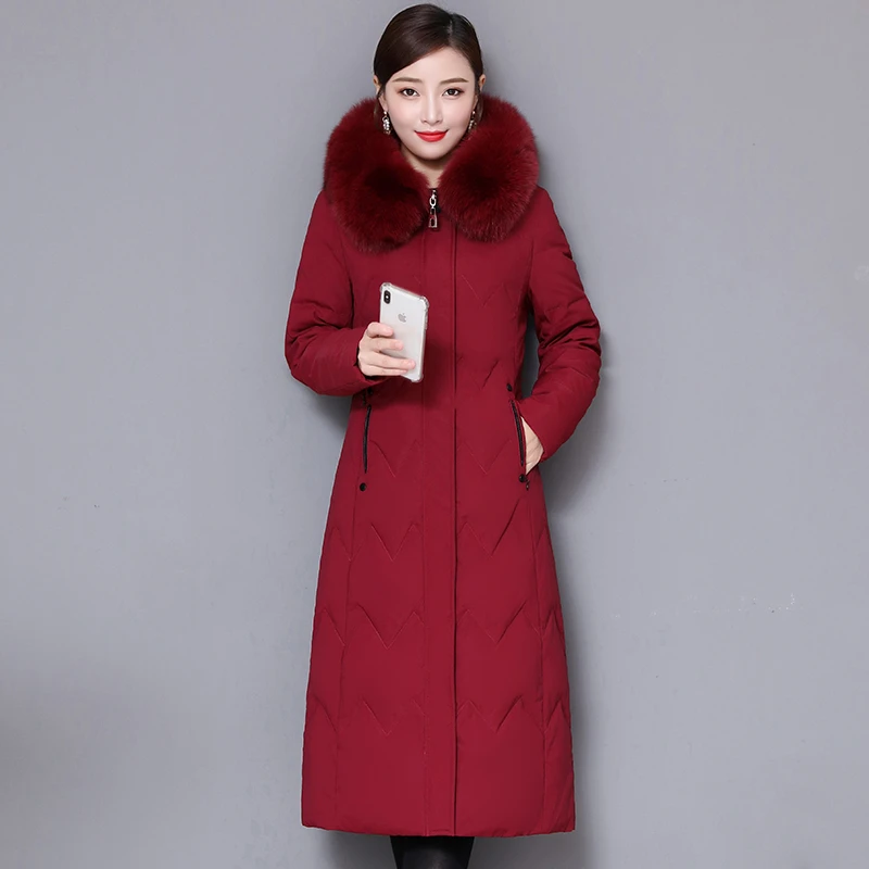 冬季妈妈白鸭绒长款羽绒服女长过膝狐狸毛加厚时尚中年羽绒外套冬