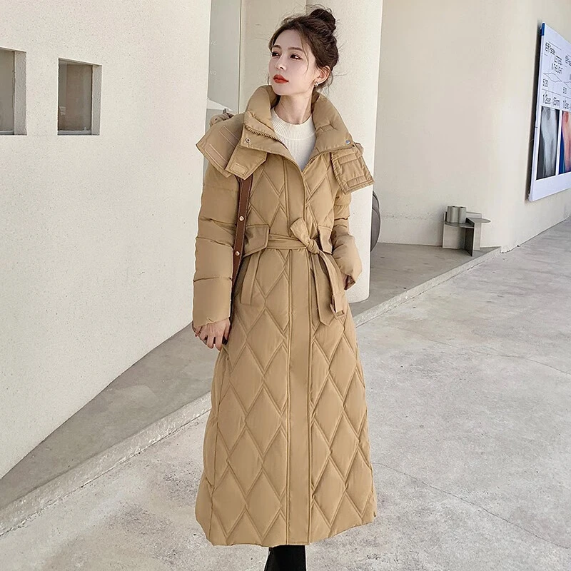 可拆卸帽长款过膝棉服外套冬韩版加厚收腰显瘦菱格棉衣女士长棉袄