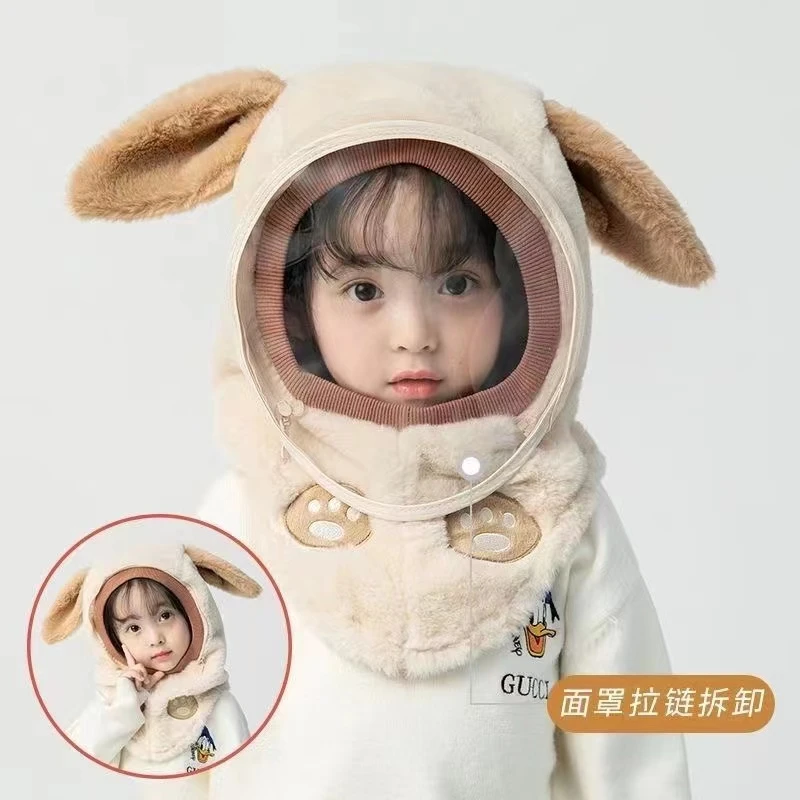 儿童冬季防护帽保暖防风防飞沫宝宝围脖一体男女童加厚套头帽子