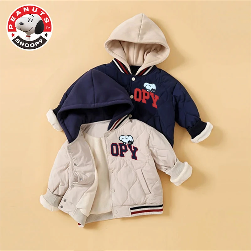 爆款史努比冬撞色中小男女童加绒棉服时尚百搭休闲冬季连帽外套