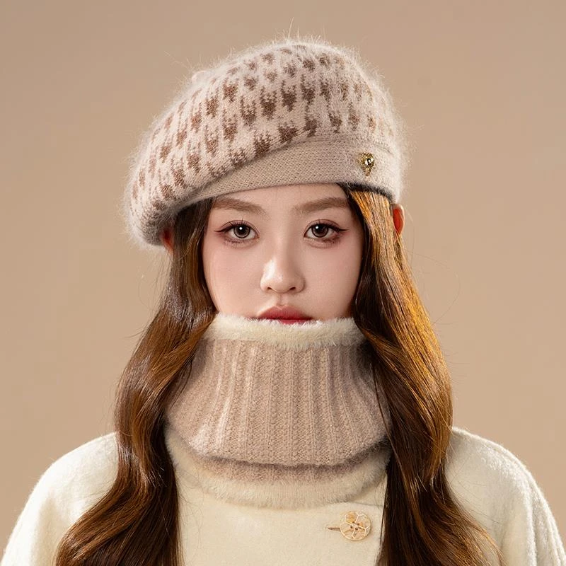 气质贝雷帽女显脸小针织毛线帽冬季围脖一女款夏季透气脸小贝雷帽