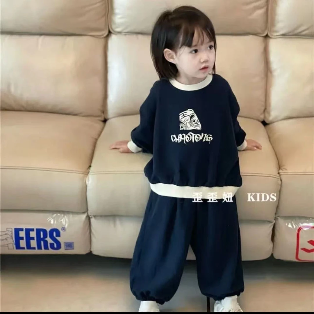 【WG】品牌新款儿童拼色边图案春季宽松套装3-026