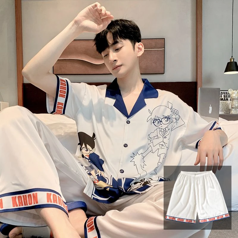 睡衣男夏季冰丝男士短袖长裤薄款夏天三件套青少年家居服男款套装