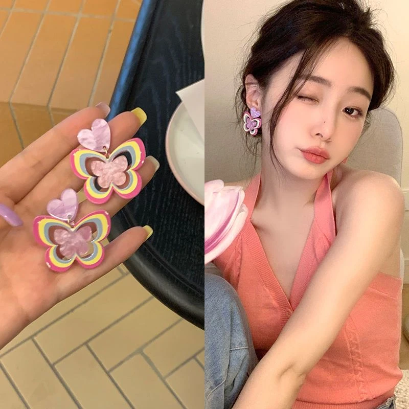 合金亚克力耳饰 爆款辣妹爱心蝴蝶耳环女气质小众设计感夸张耳饰