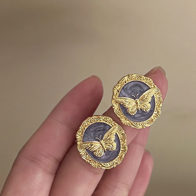 合金耳饰 旖旎薄暮紫 法式复古蝴蝶滴釉金属耳环 轻奢高级感耳饰