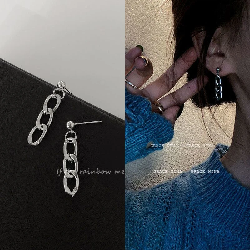 合金耳饰 长款气质流苏小众链条耳环潮简约冷淡风耳钉银色女耳饰