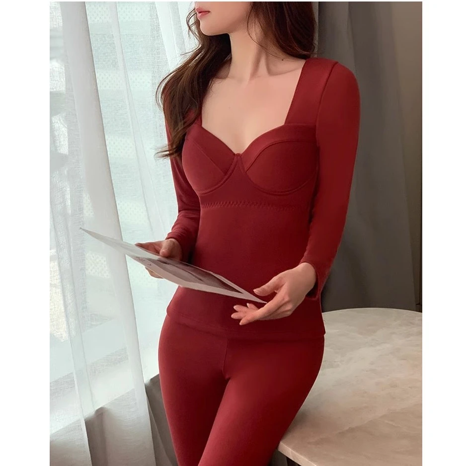 带胸垫红色本命年保暖内衣女秋冬加绒结婚新娘可外穿秋衣秋裤套装