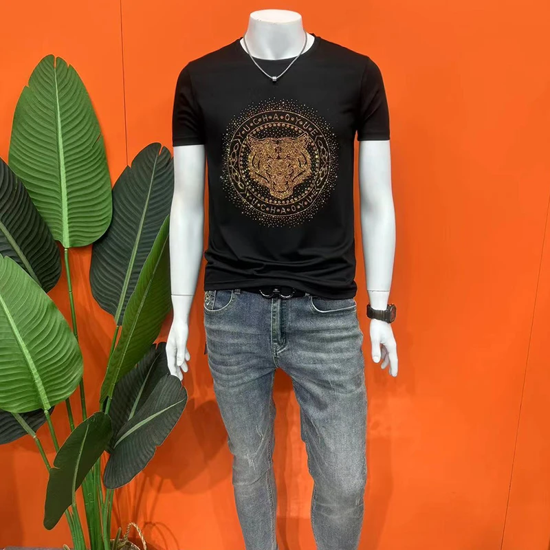 夏季冰丝烫钻短袖修身圆领t恤老虎头休闲百搭男士半袖