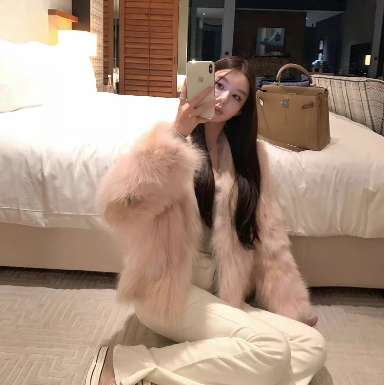 允汐“酒渍桃子”进口芬兰金岛狐狐狸毛皮草外套定染色年轻网红款