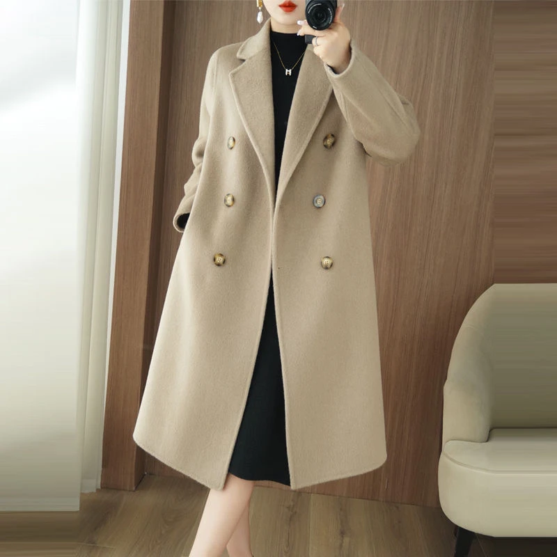 秋冬新款双面呢羊毛大衣女中长款时尚宽松茧型外套