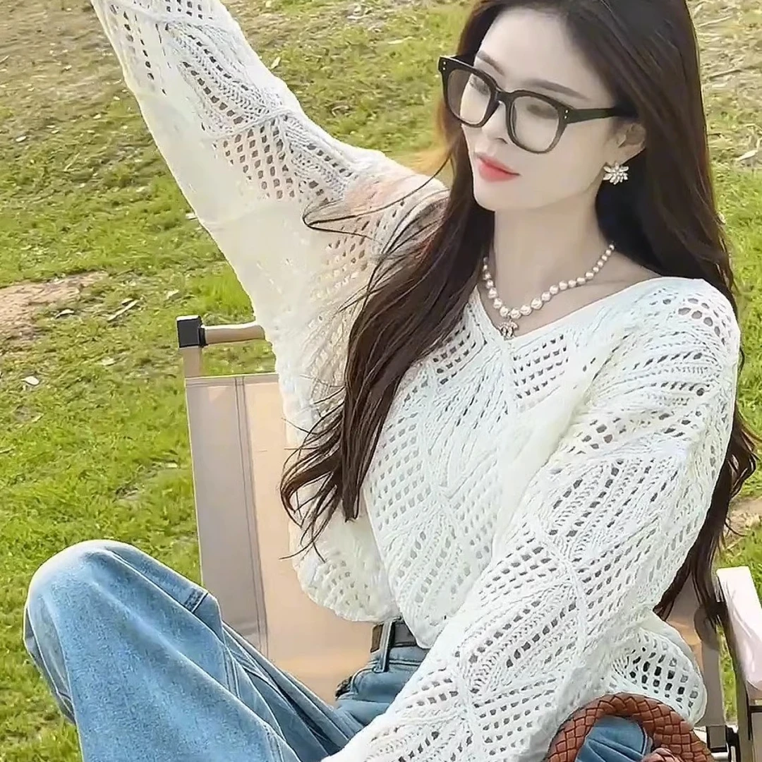 2025春秋韩系设计感宽松显瘦镂空针织衫女百搭减龄慵懒防晒罩衫薄
