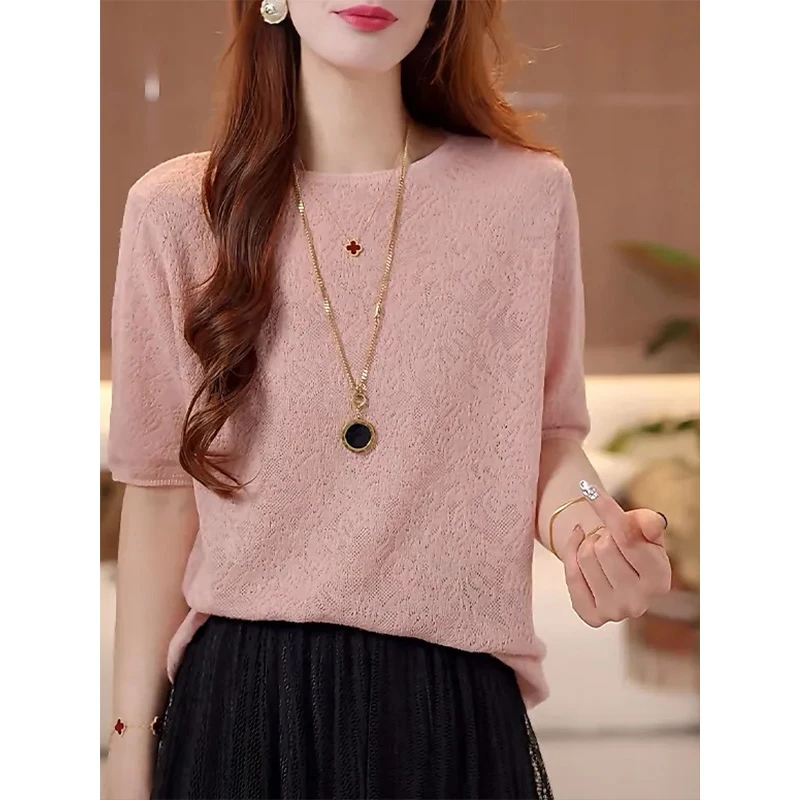 法式气质高级感提花圆领短袖针织衫2025夏季宽松休闲百搭显瘦上衣